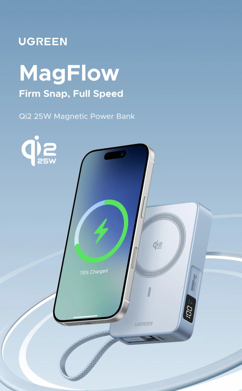 UGREEN Qi2.2 25W magnetni prenosni polnilec – 10000 mAh zunanja baterija za hitro polnjenje