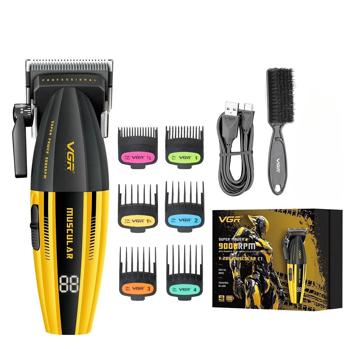 VGR V-285 Professional Hair Clipper – 9,000 RPM, 150-Min Runtime, 6 Combs