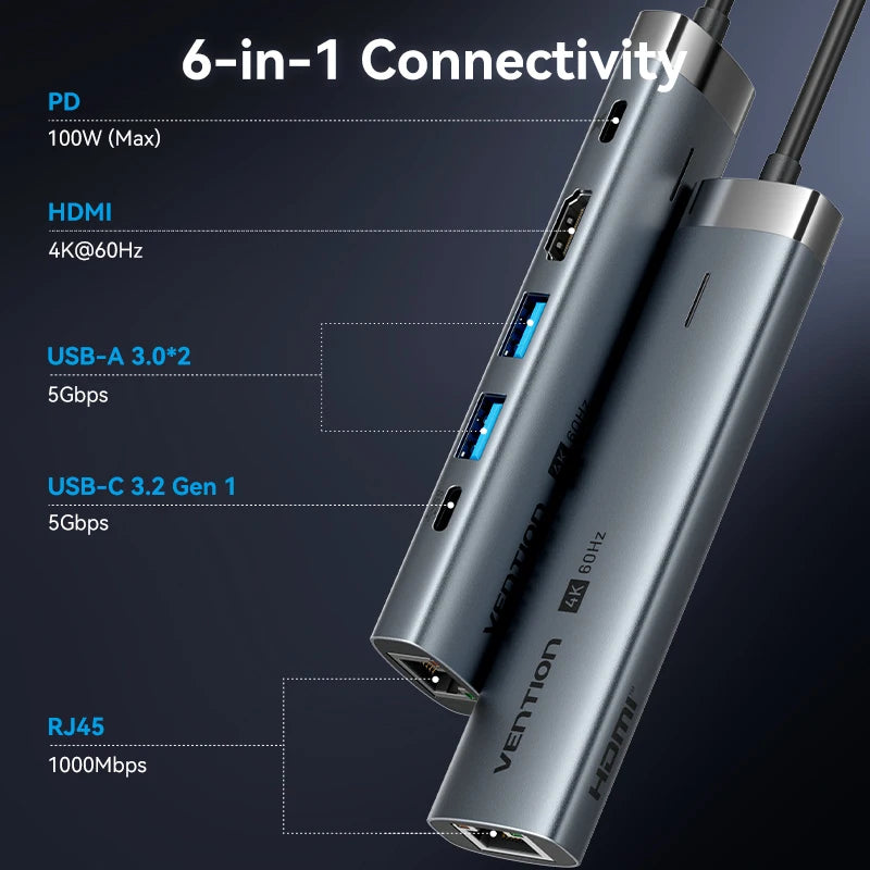 Vention zvezdišče USB‑C 6‑v‑1 | HDMI 4K, PD 100W, RJ45, priklopna postaja USB 3.0
