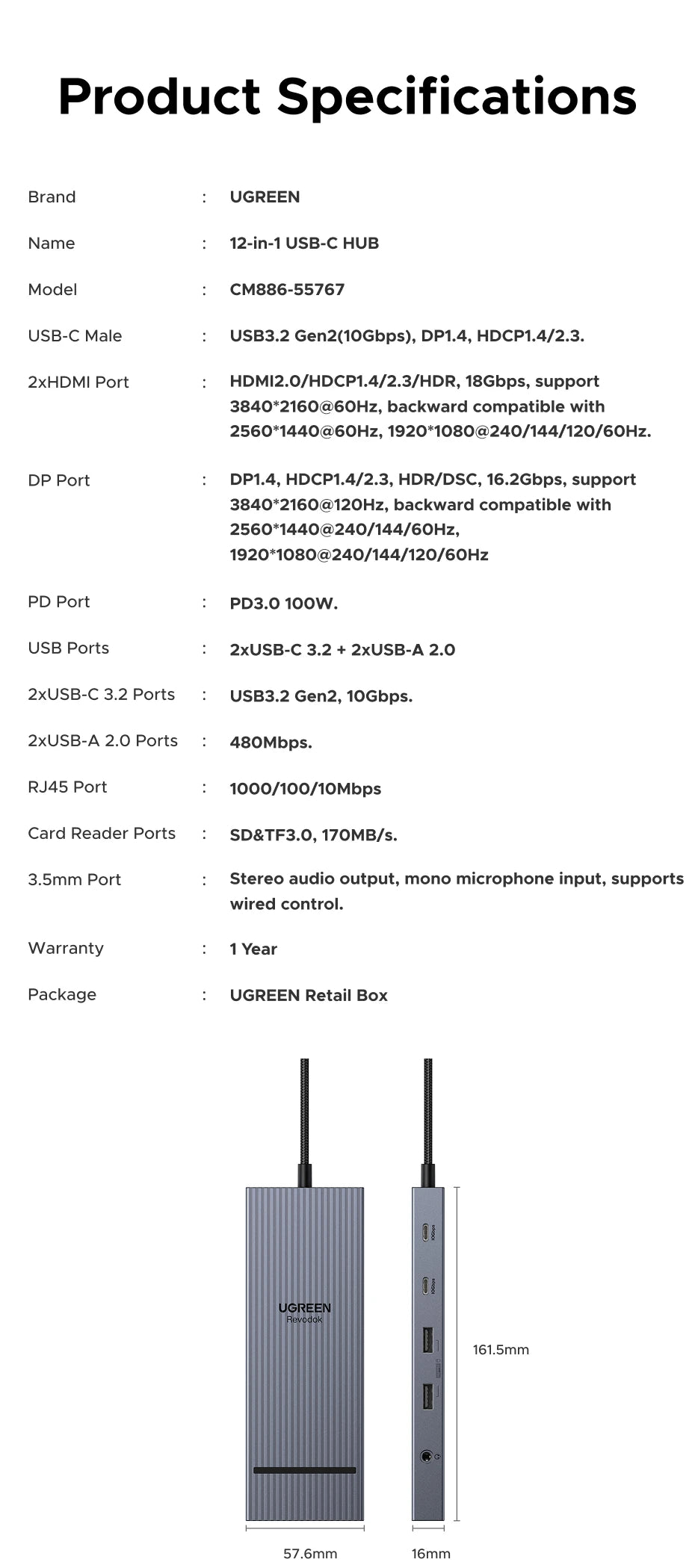 UGREEN 10‑v‑1 USB‑C zvezdišče s 4K120Hz DisplayPortom, dvojnim 4K60Hz HDMI, USB 3.2 Gen2 10Gbps