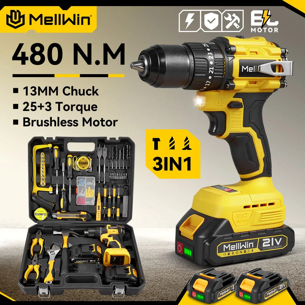 MELLWIN 480N.m Brushless Electric Impact Drill Set 3 IN 1 Cordless Multipurpose Screwdriver Tool Set For Makita 18V Battery Pin - Limetastore