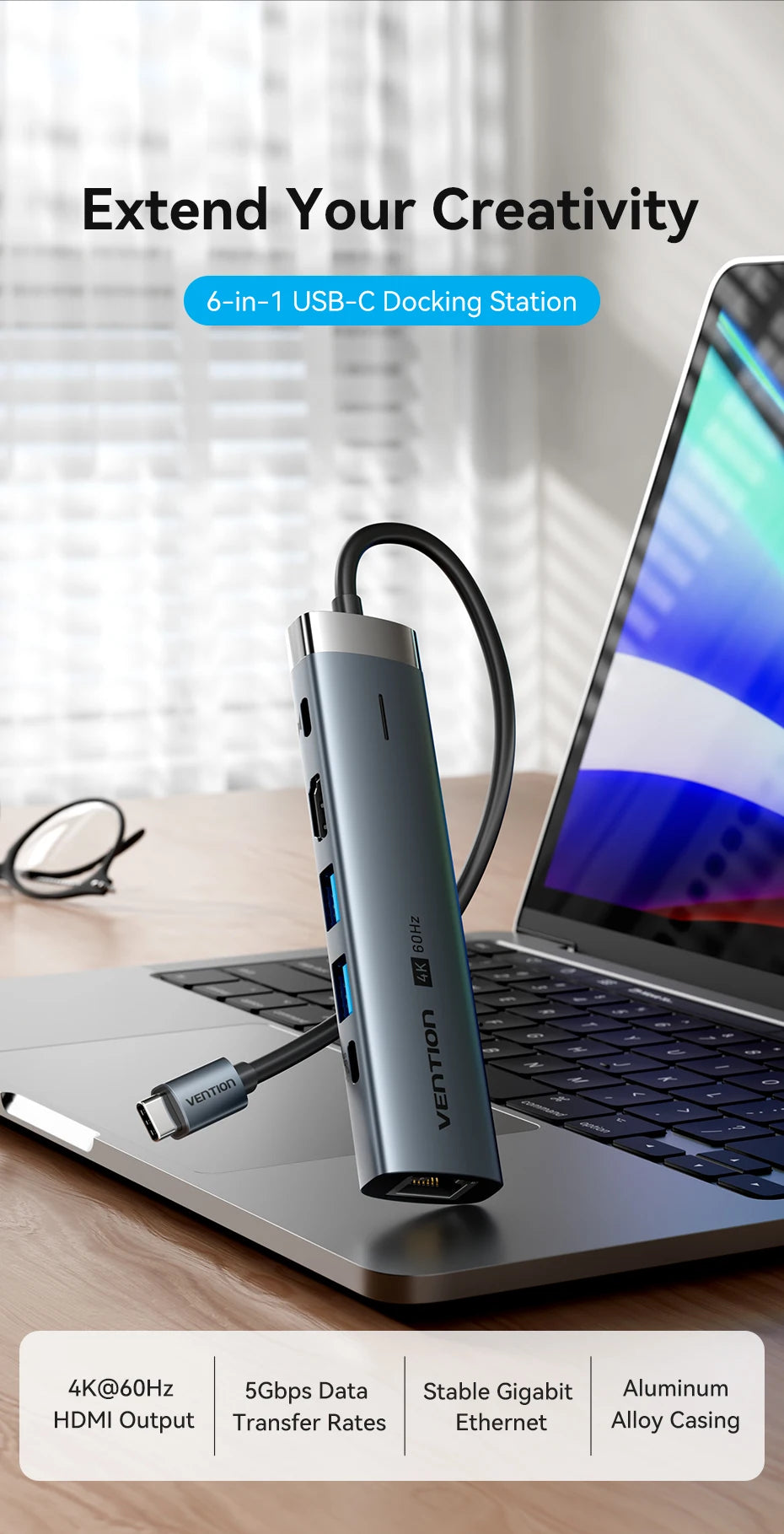 Vention zvezdišče USB‑C 6‑v‑1 | HDMI 4K, PD 100W, RJ45, priklopna postaja USB 3.0