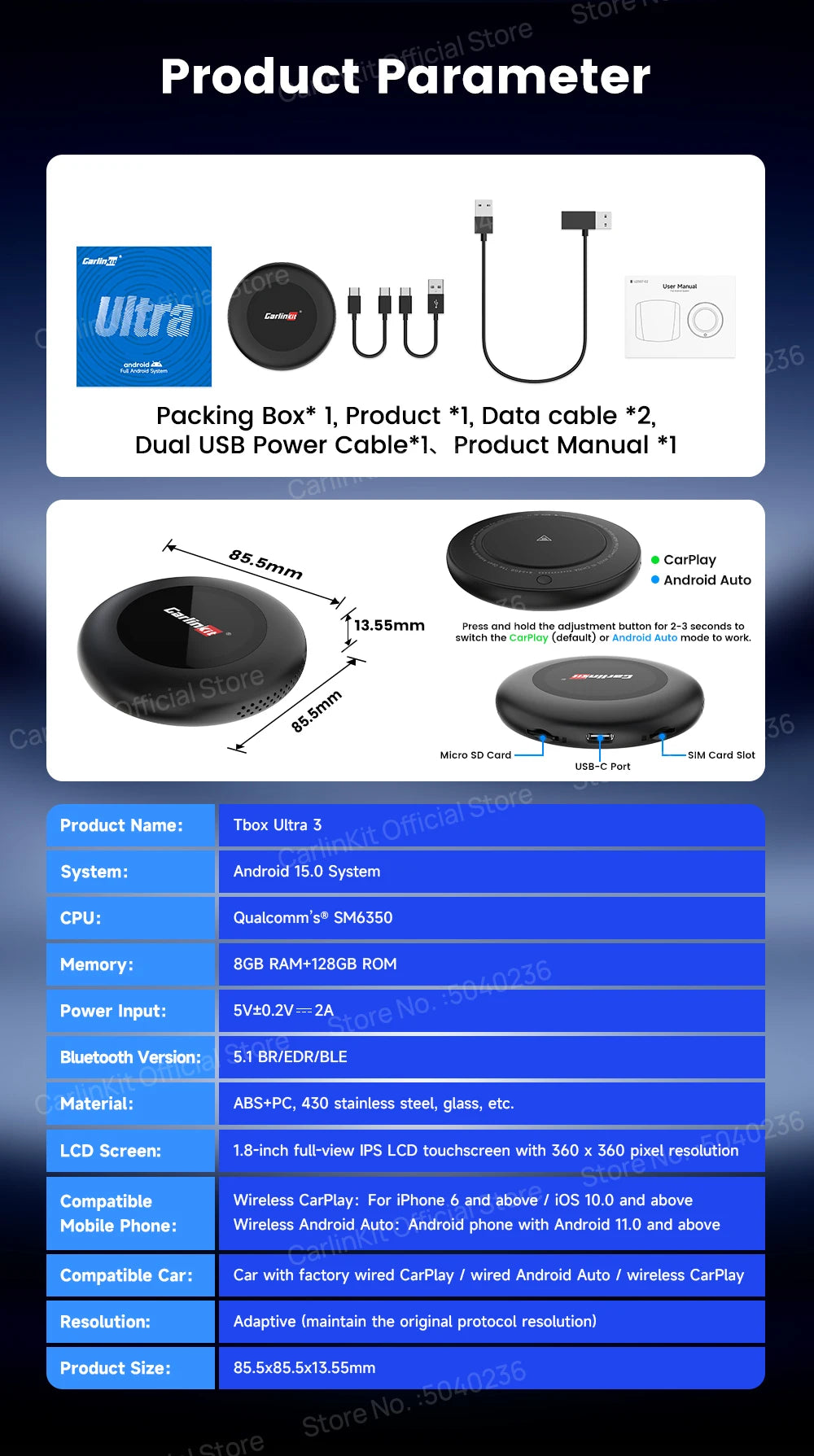 CarlinKit Tbox‑Ultra3 Android 15 5G LTE WiFi6 AI Box