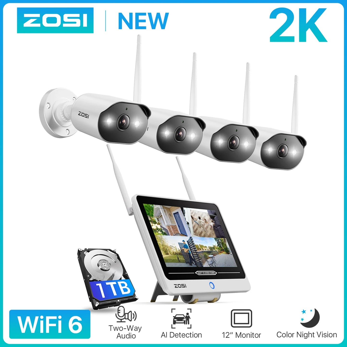 Varnostni kamerov sistem ZOSI 2K Wi-Fi 6 8-kanalni – 12'' LCD-zaslon, 3MP notranje/zunanje vtične WiFi kamere