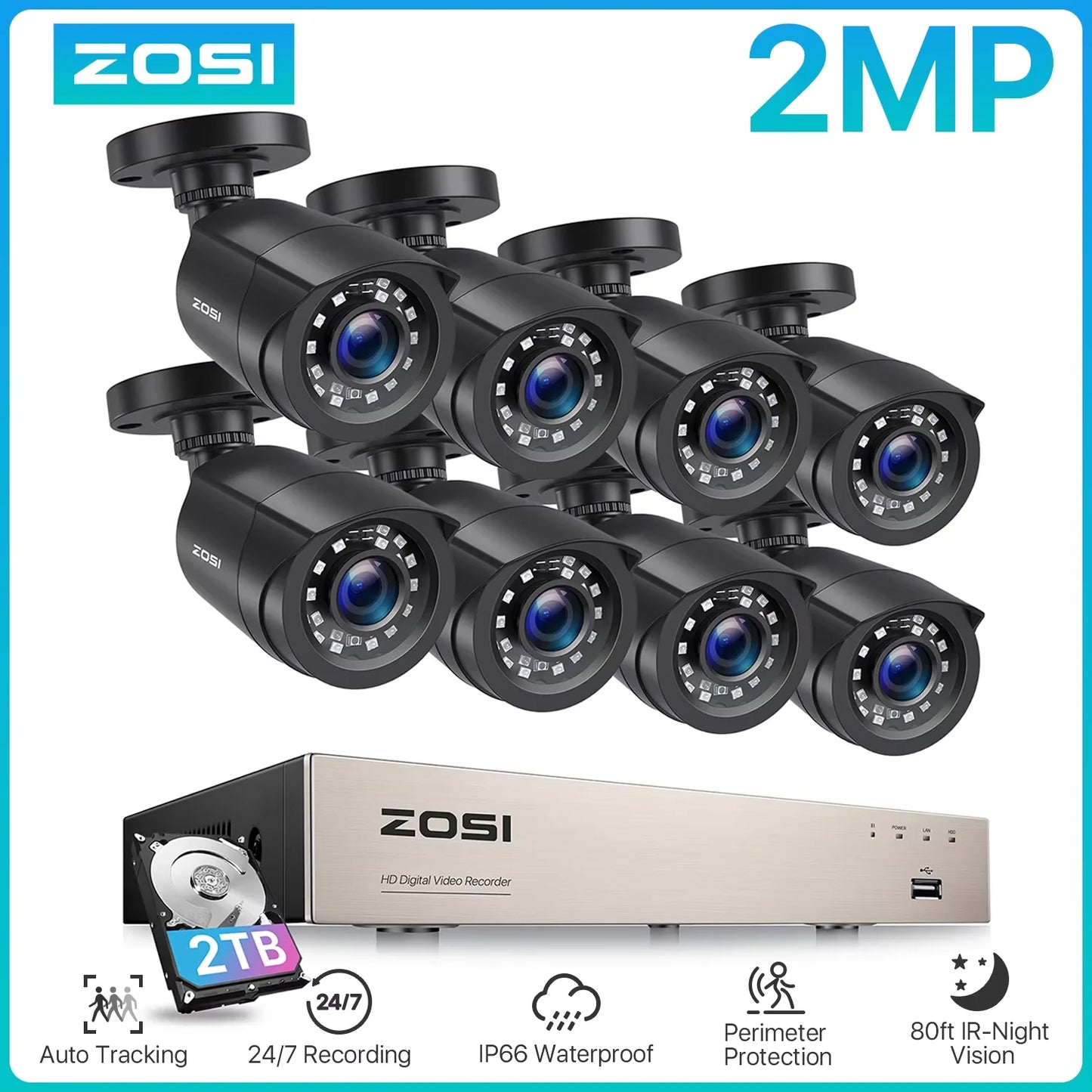 ZOSI 8-kanalni 5MP Lite CCTV varnostni sistem – H.265+ HD-TVI DVR komplet z 8 zunanjimi 1080p kamerami za nočno gledanje