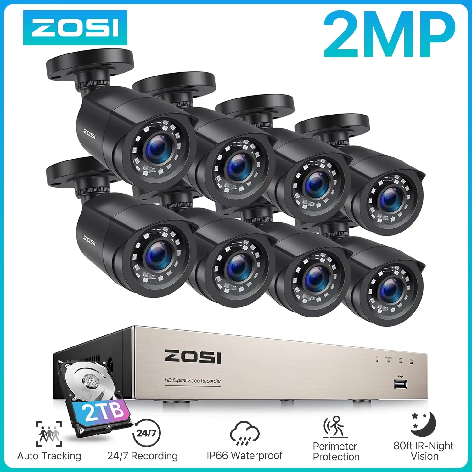 ZOSI 8-kanalni 5MP Lite CCTV varnostni sistem – H.265+ HD-TVI DVR komplet z 8 zunanjimi 1080p kamerami za nočno gledanje