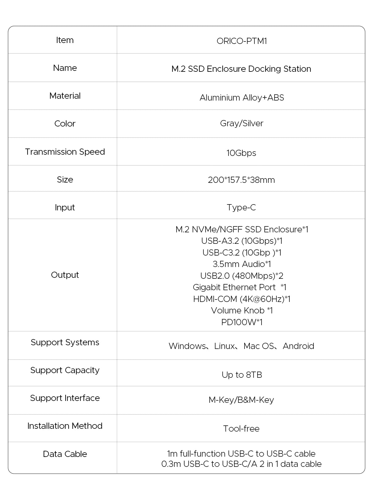 ORICO 10-v-1 USB-C priklopna postaja z ohišjem za M.2 NVMe/SATA SSD, 4K60Hz HDMI, PD100W