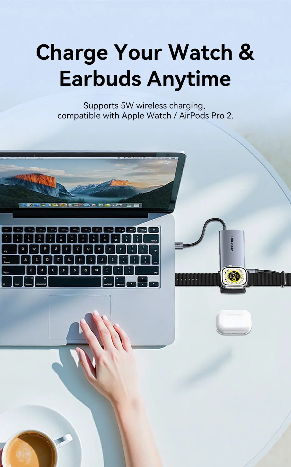 Vention USB-C zvezdišče 6-v-1 | HDMI 4K60Hz, PD 100W, USB 3.0, brezžični polnilnik za Apple Watch