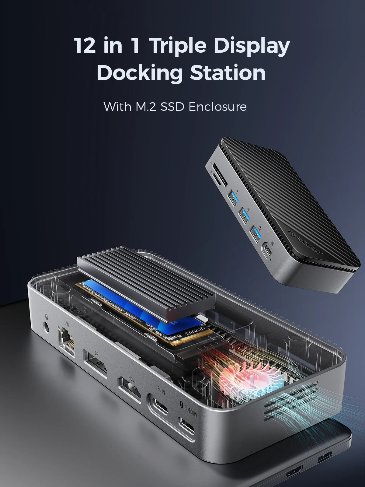 ORICO 10Gbps USB-C zaslonsko zvezdišče z ohišjem M.2 NVMe/SATA SSD, hladilnim ventilatorjem, 4K60Hz HDMI