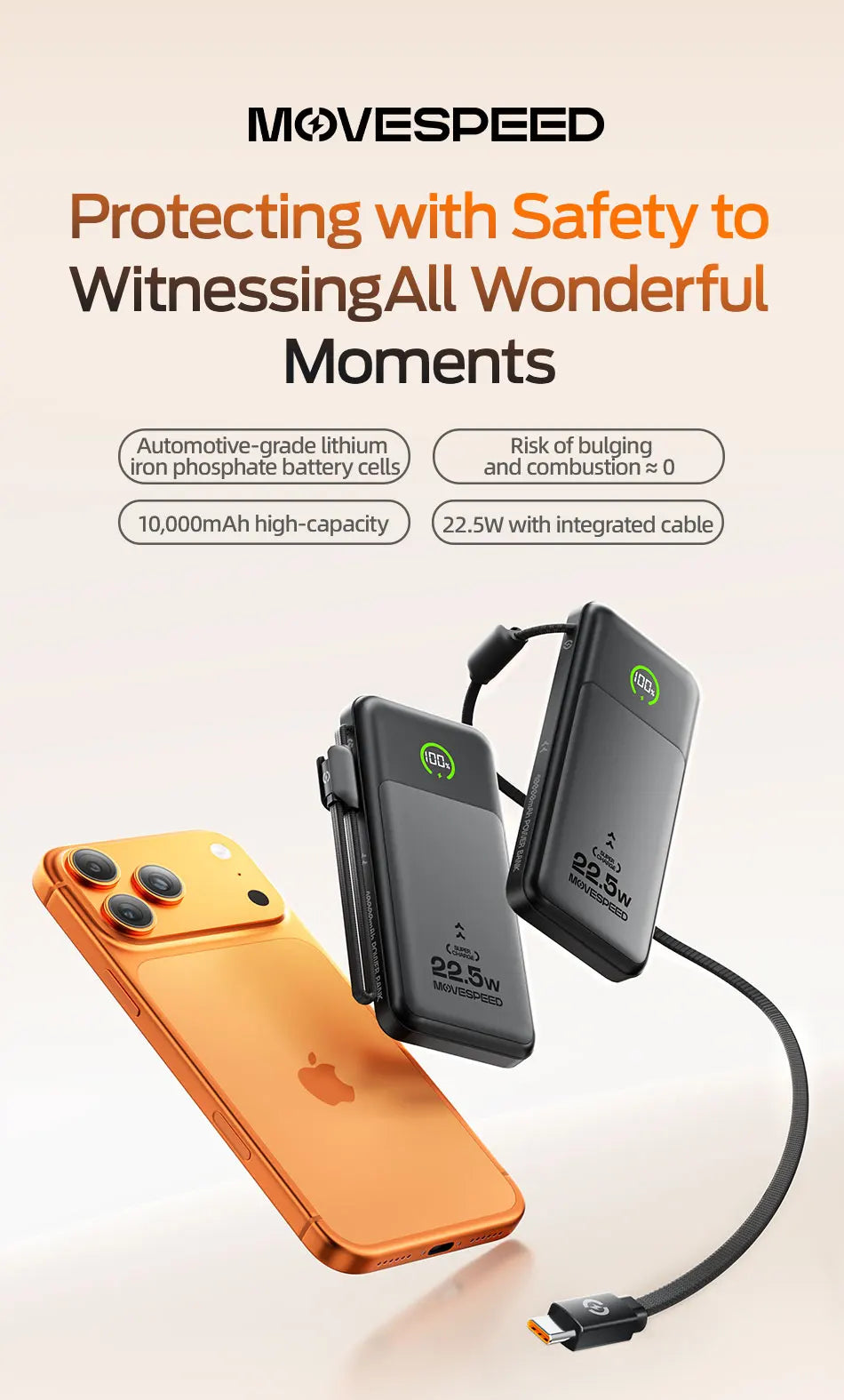 MOVESPEED P19 prenosna baterija 10000 mAh z vgrajenim kablom USB-C