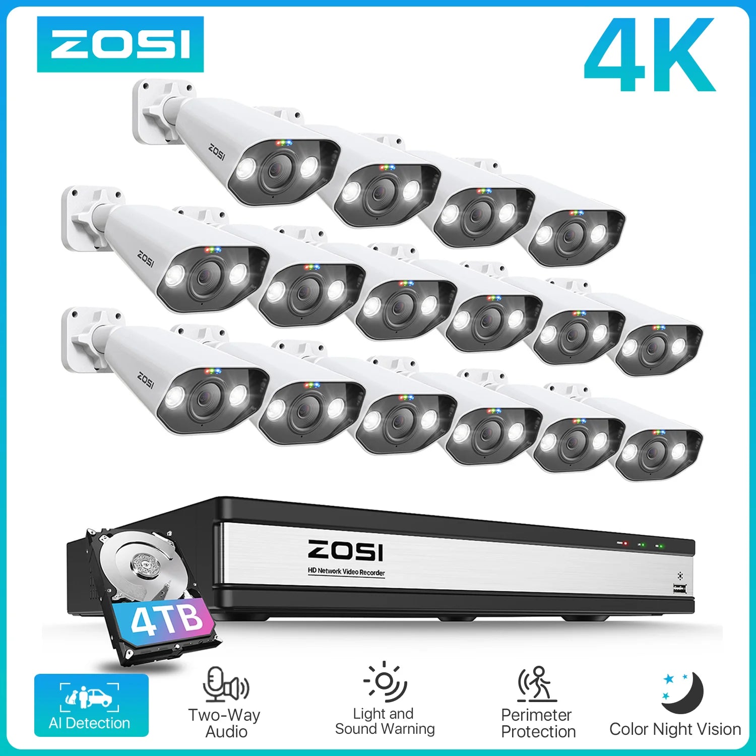 ZOSI 16-kanalni 4K PoE varnostni sistem s kamerami – 8MP/5MP zunanje IP kamere z zaznavanjem oseb in vozil z umetno inteligenco
