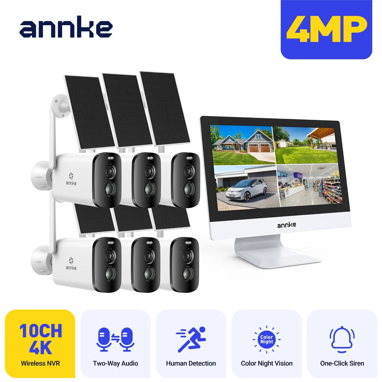 ANNKE 4MP solarni CCTV sistem | 10-kanalni NVR, 5MP PTZ WiFi kamere, PIR in barvni nočni vid