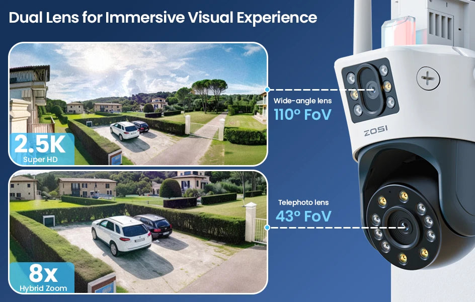 ZOSI C298 Max 4K 8MP Dual‑Lens PTZ Security Camera – 2×4MP Wide‑Angle Outdoor WiFi/Wired Surveillance Cam