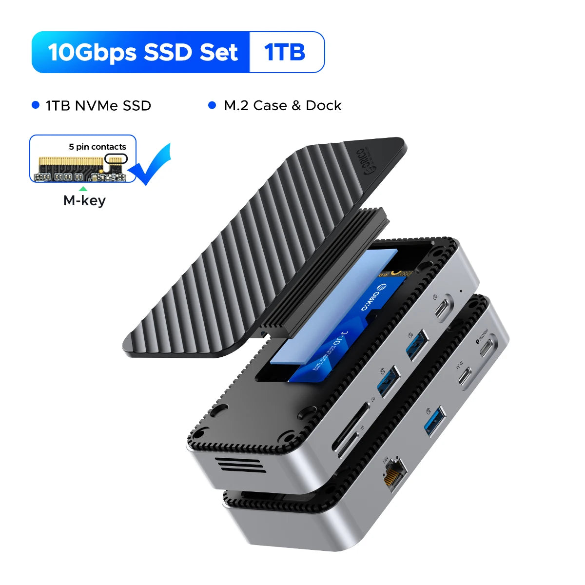 ORICO M2P7 USB‑C Hub with Cooling Fan, M.2 NVMe/SATA SSD Enclosure (10Gbps), 4K60Hz HDMI