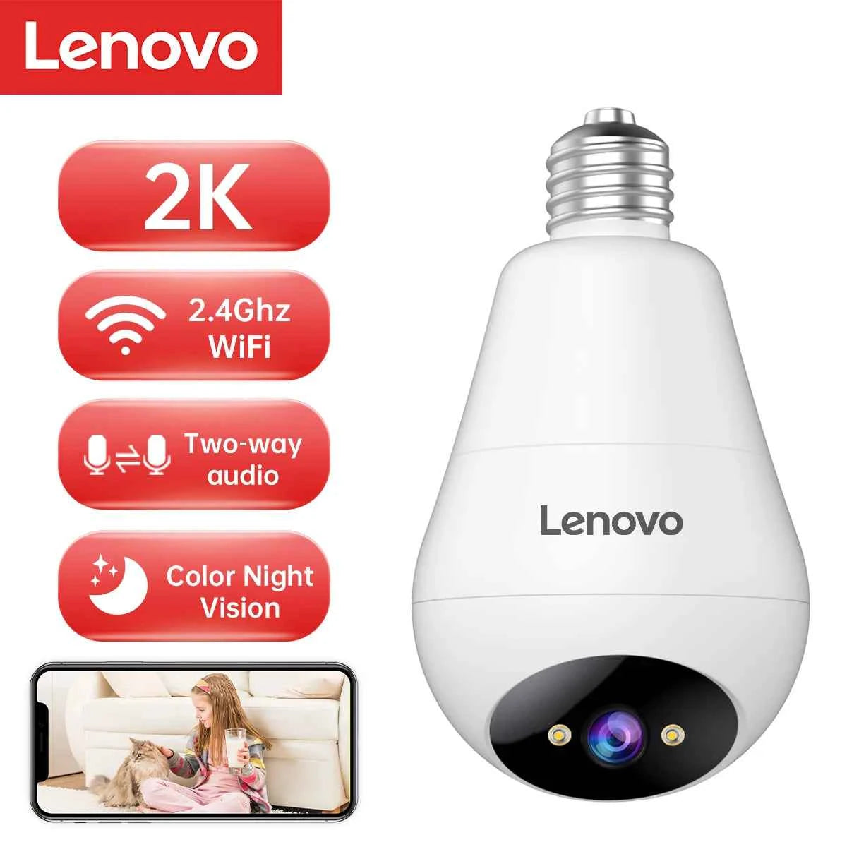 Lenovo 2K E27 Bulb WiFi Camera Home Indoor Video Surveillance Camera Color Night AI Tracking Security PTZ IP Camera Baby Monitor - Limetastore