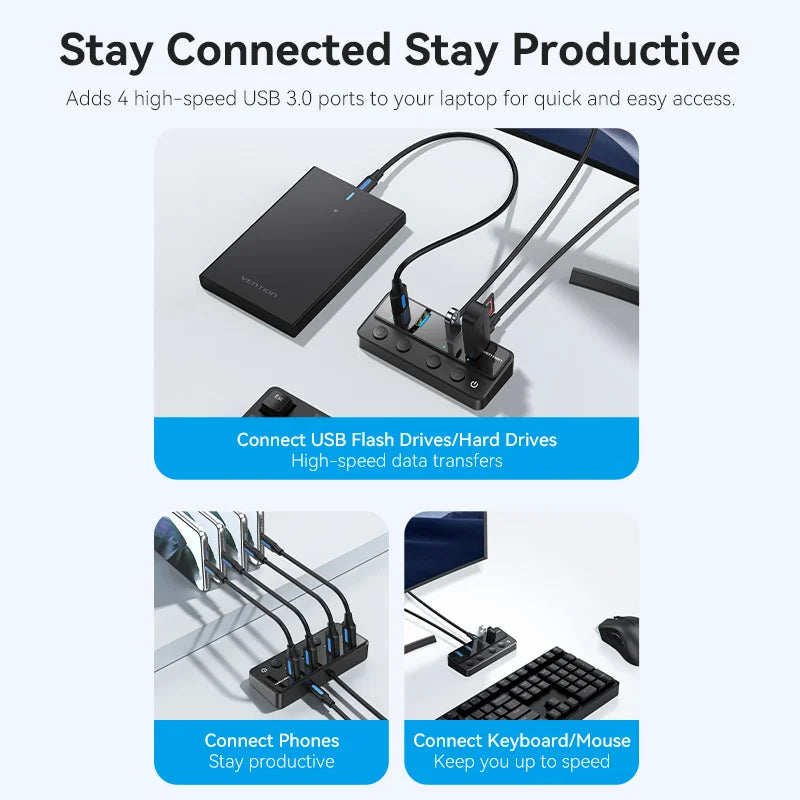 Vention USB 3.0 HUB s posameznimi stikali | 5Gbps visokohitrostni podaljšek USB-A vrat