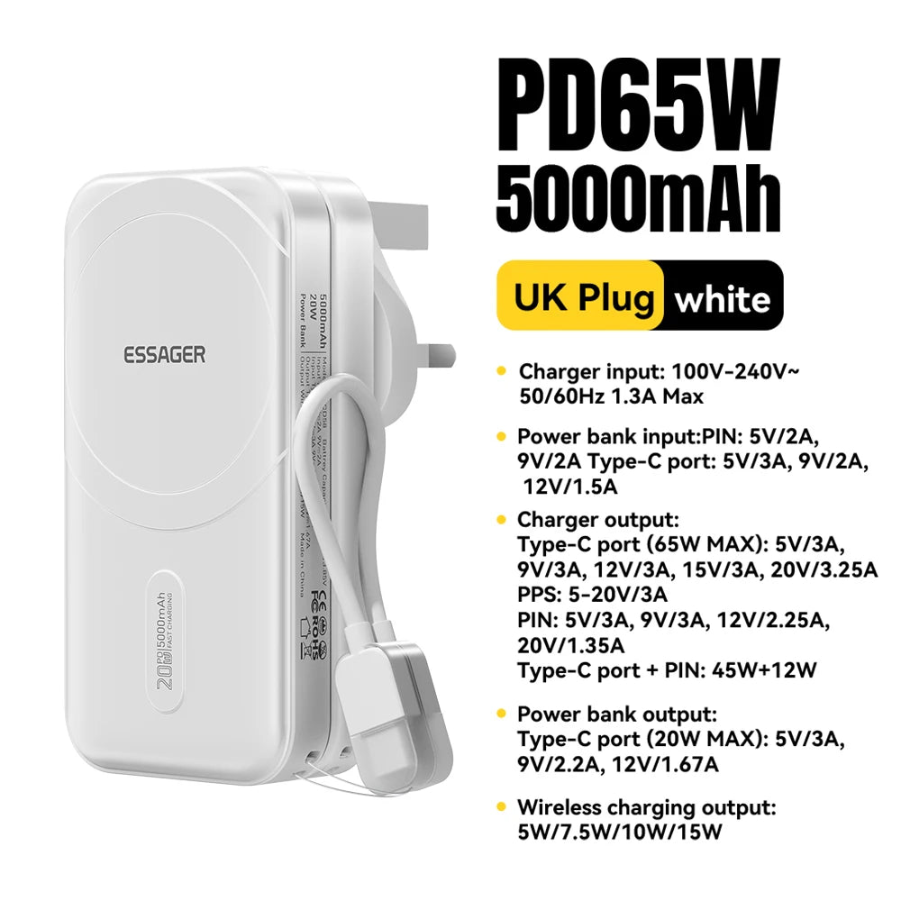 ESSAGER 3-v-1 magnetna 65W GaN polnilna baterija 5000 mAh