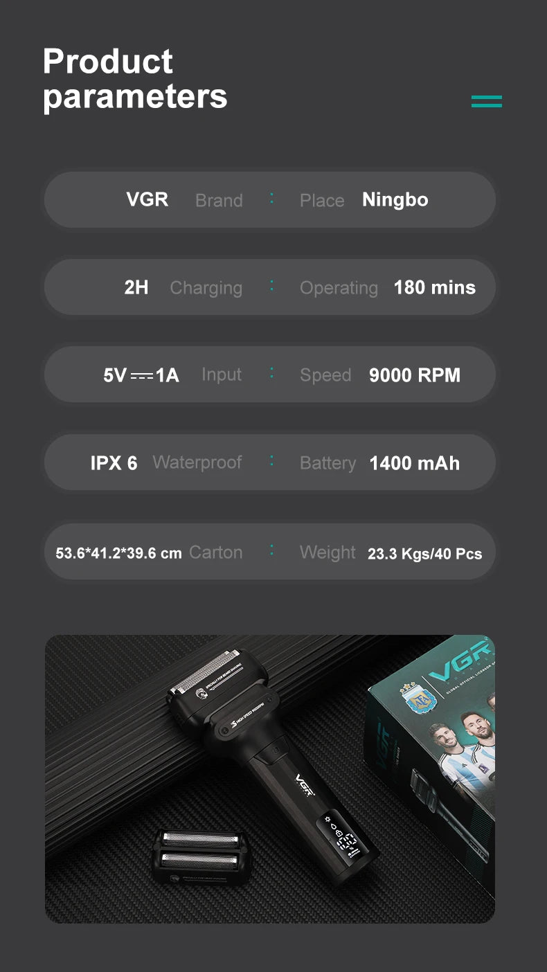 VGR V-368 Profesionalni brivnik z mrežico 9000 RPM 180-min IPX6 Vodotesen