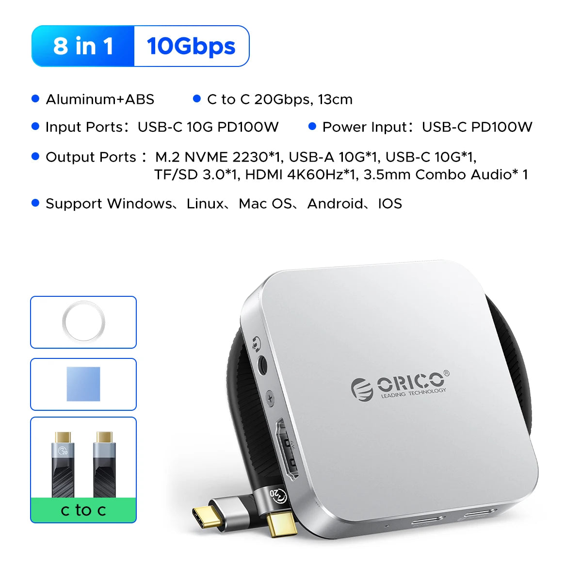 ORICO Magnetno ohišje za M.2 2230 NVMe SSD 10Gbps s HDMI 4K60Hz, SD/TF, PD100W