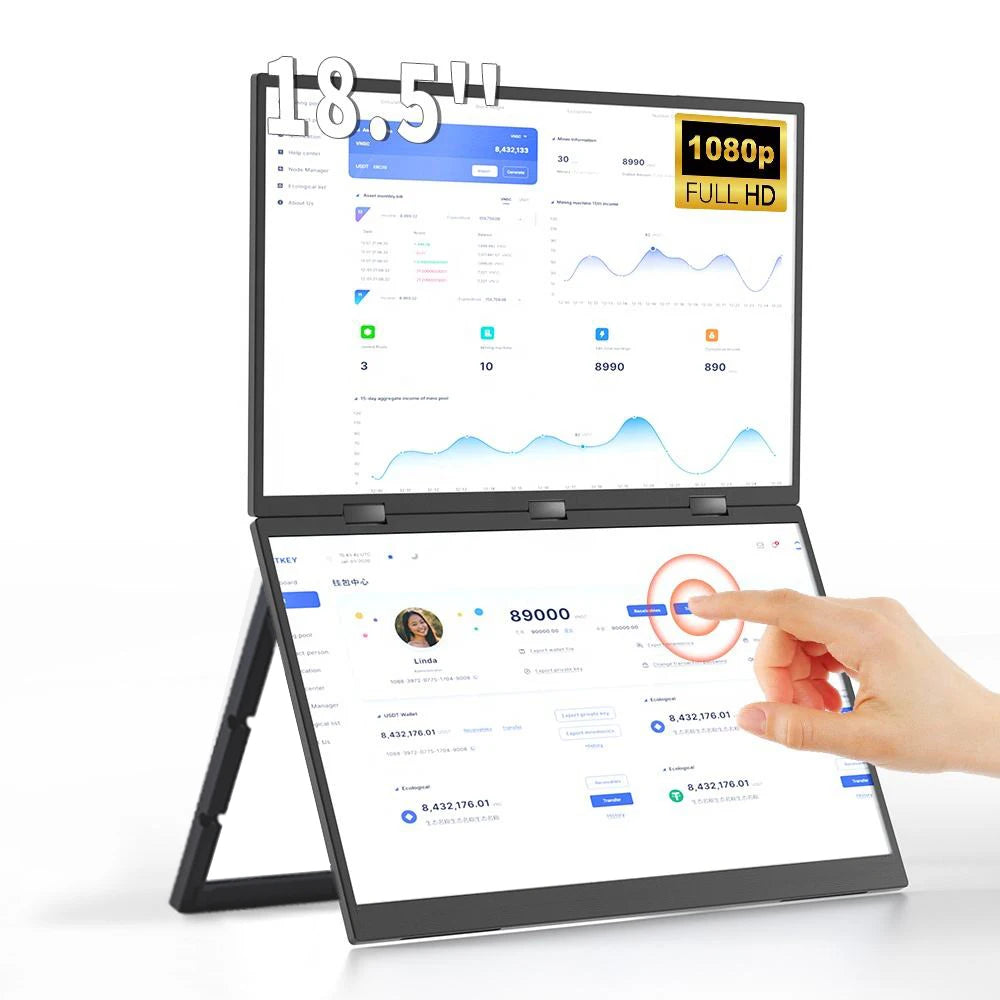 Sibolan 18.5 inch Dual Touch Screen Monitor 1080p FHD 330°Rotation Folding Triple Screen Laptop Display Extender For Wins & Macs - Limetastore