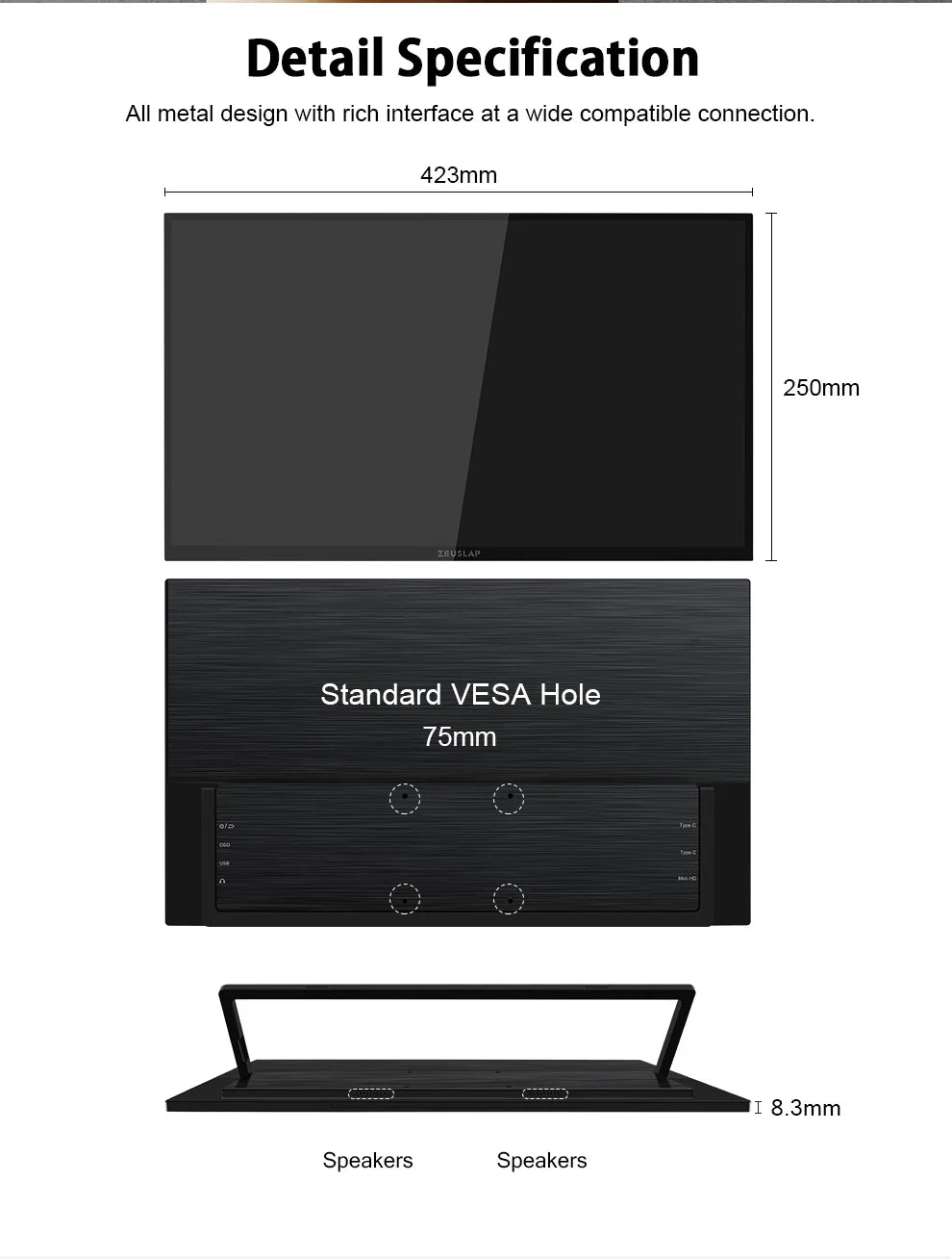 ZEUSLAP 18.5" Portable Touch Monitor | 100Hz, 100% sRGB, With Stand