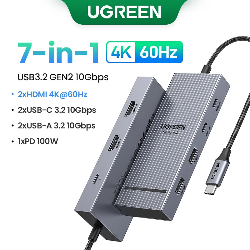 UGREEN 10‑v‑1 USB‑C zvezdišče s 4K120Hz DisplayPortom, dvojnim 4K60Hz HDMI, USB 3.2 Gen2 10Gbps