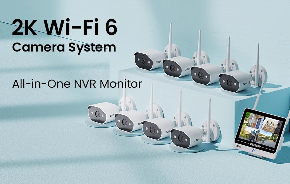 Varnostni kamerov sistem ZOSI 2K Wi-Fi 6 8-kanalni – 12'' LCD-zaslon, 3MP notranje/zunanje vtične WiFi kamere