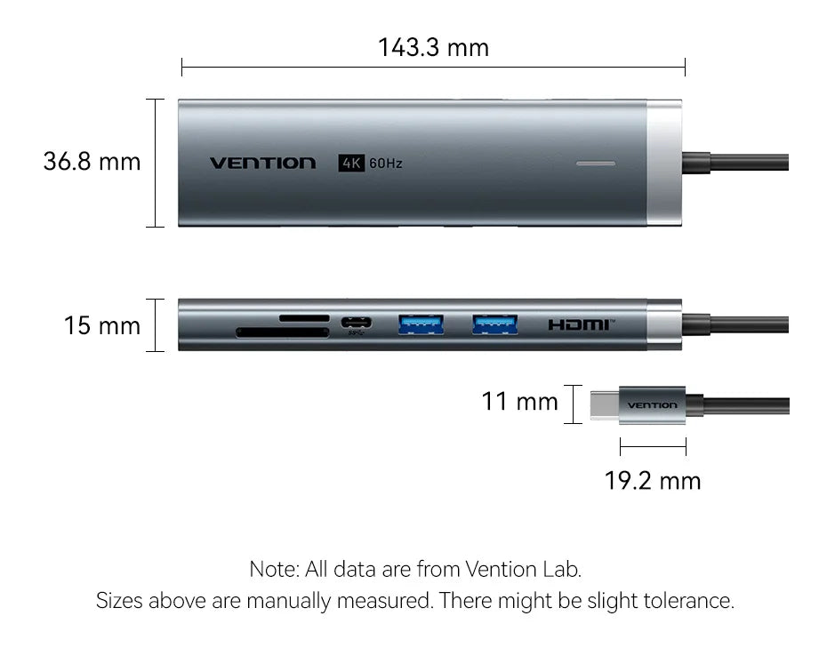 Vention USB‑C 7‑in‑1 Hub | 4K60Hz HDMI, USB 3.0, SD/TF, PD 100W Docking Station