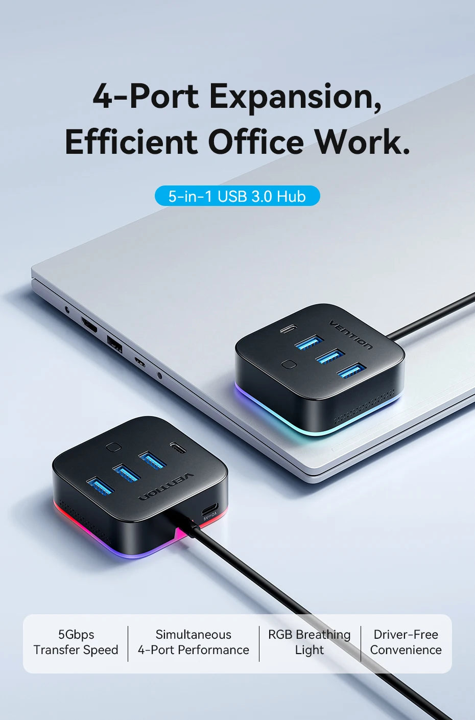 Vention USB 3.0 / USB-C 3.2 Gen1 RGB zvezdišče | 4-portni 5Gbps namizni razdelilnik za PC in prenosnik