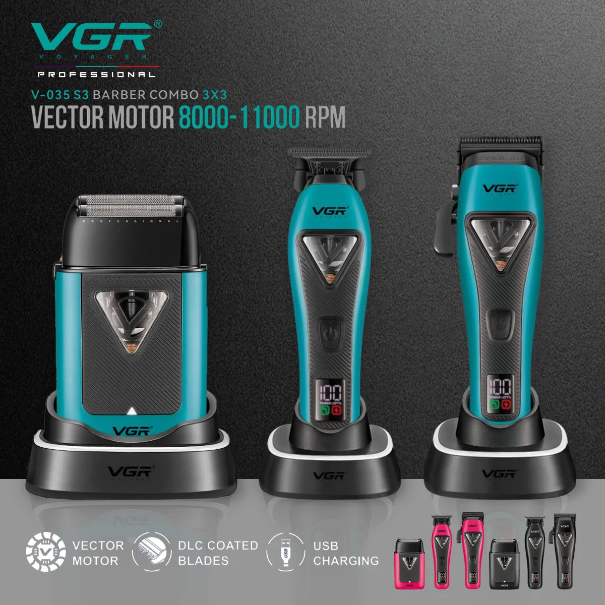 VGR V-035 S3 3-v-1 prirezovalnik, brivnik in strižnik – 10.000 RPM, USB-C