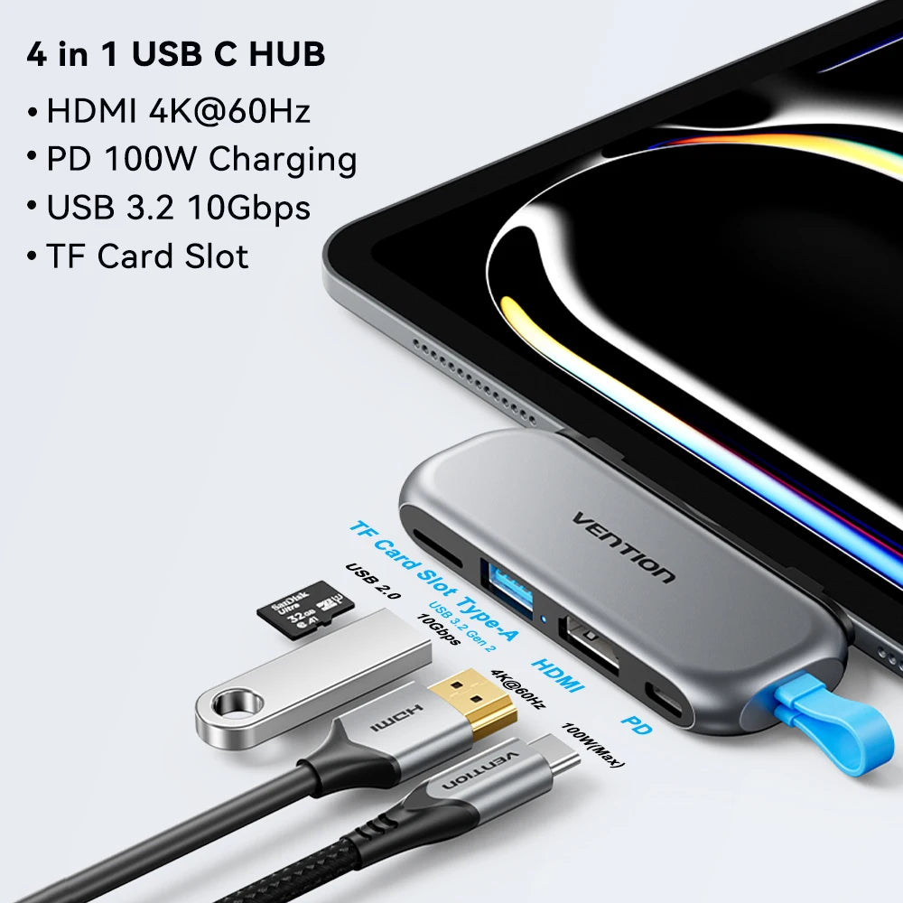 Vention 6‑in‑2 USB‑C Plug‑in Hub | Thunderbolt 4 80Gbps, 8K, HDMI 4K60Hz, USB 3.0 Dock for MacBook
