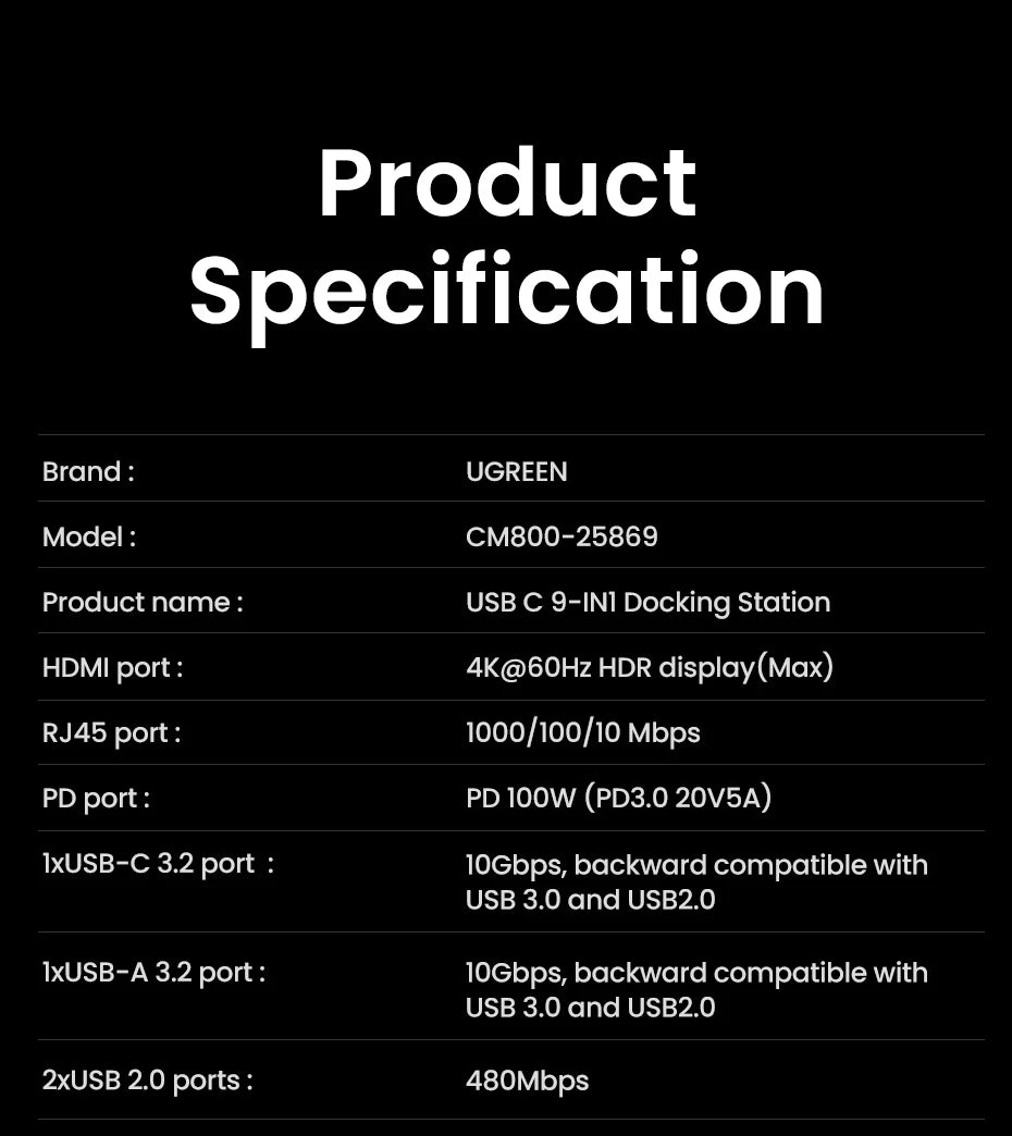 UGREEN 9-v-1 Steam Deck priklopna postaja s HDMI 4K60Hz, RJ45 Ethernet, PD100W, USB-A/C