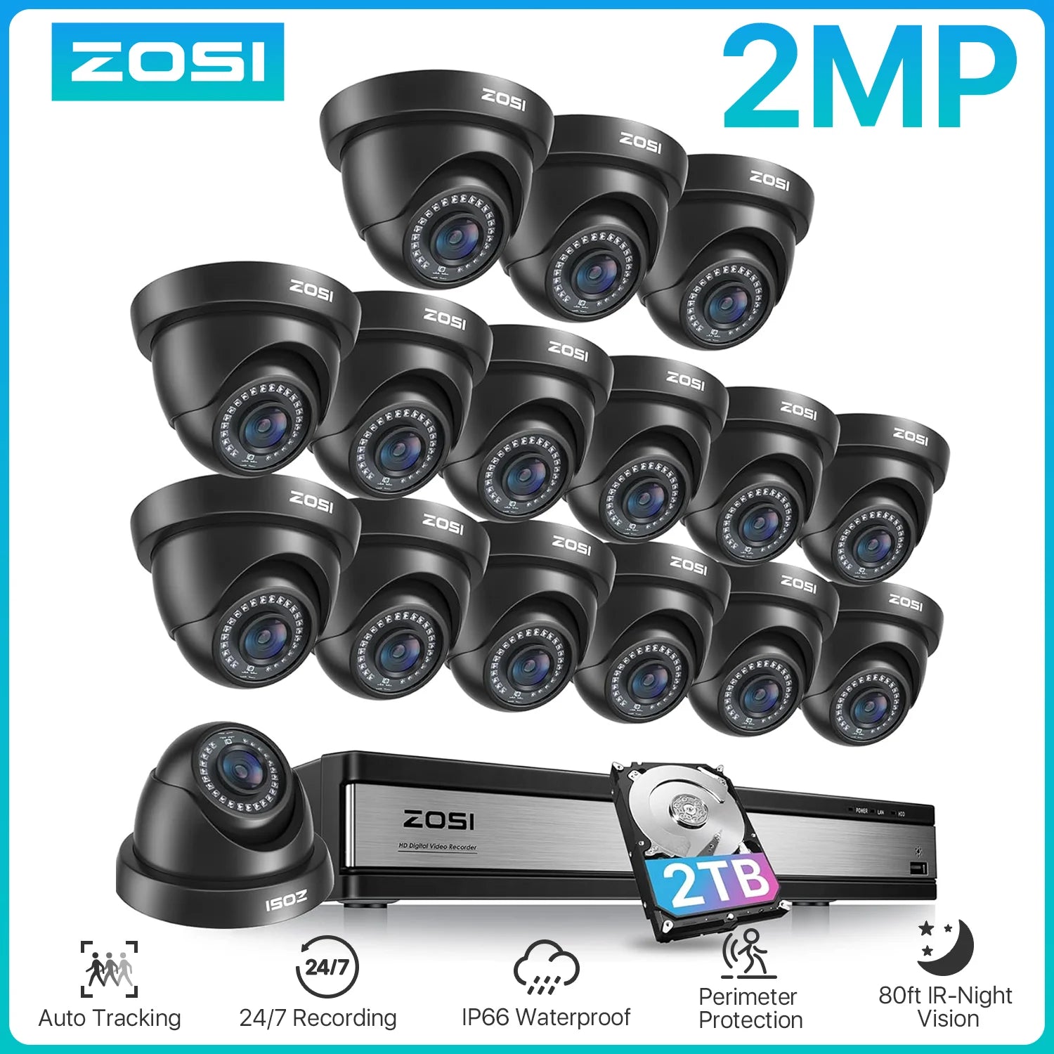 Žični varnostni sistem s kamerami ZOSI 16CH 1080p – DVR H.265+ z zaznavanjem ljudi in vozil