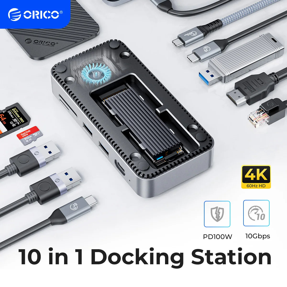 Priklopna postaja ORICO USB-C z ohišjem M.2 NVMe/SATA SSD (10 Gb/s), hladilni ventilator