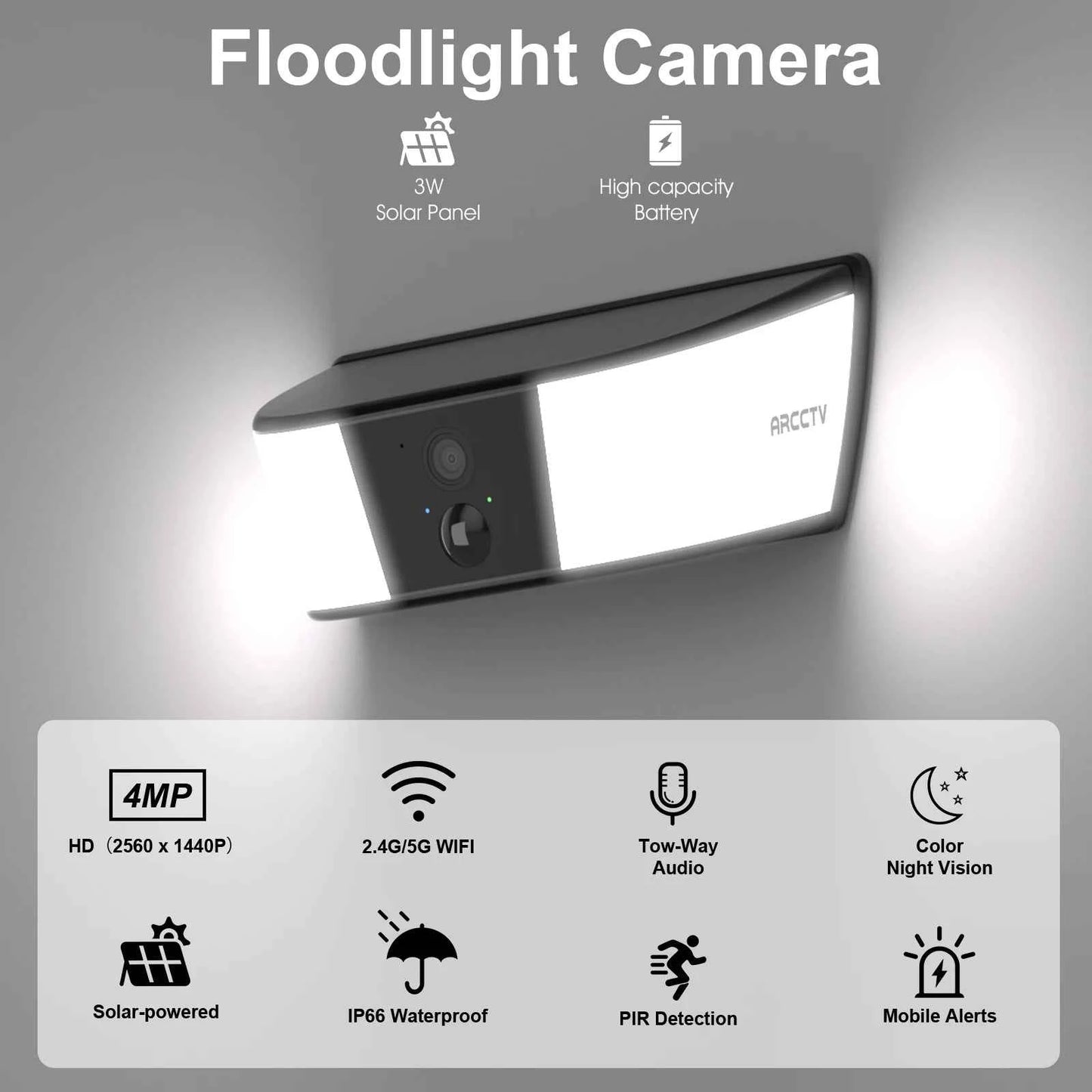 ARCCTV 2K WiFi Solar Camera Security Outdoor Wireless Floodlight Camera Humanoid Detection Alarm Surveillance HD Two Way Audio - Limetastore