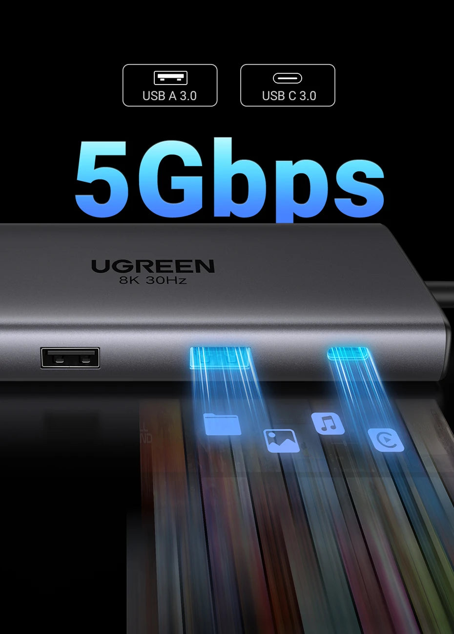 UGREEN 10-v-1 dvojni HDMI USB-C hub z izhodom 8K in 4K, gigabitnim Ethernetom, USB 3.0, PD100W