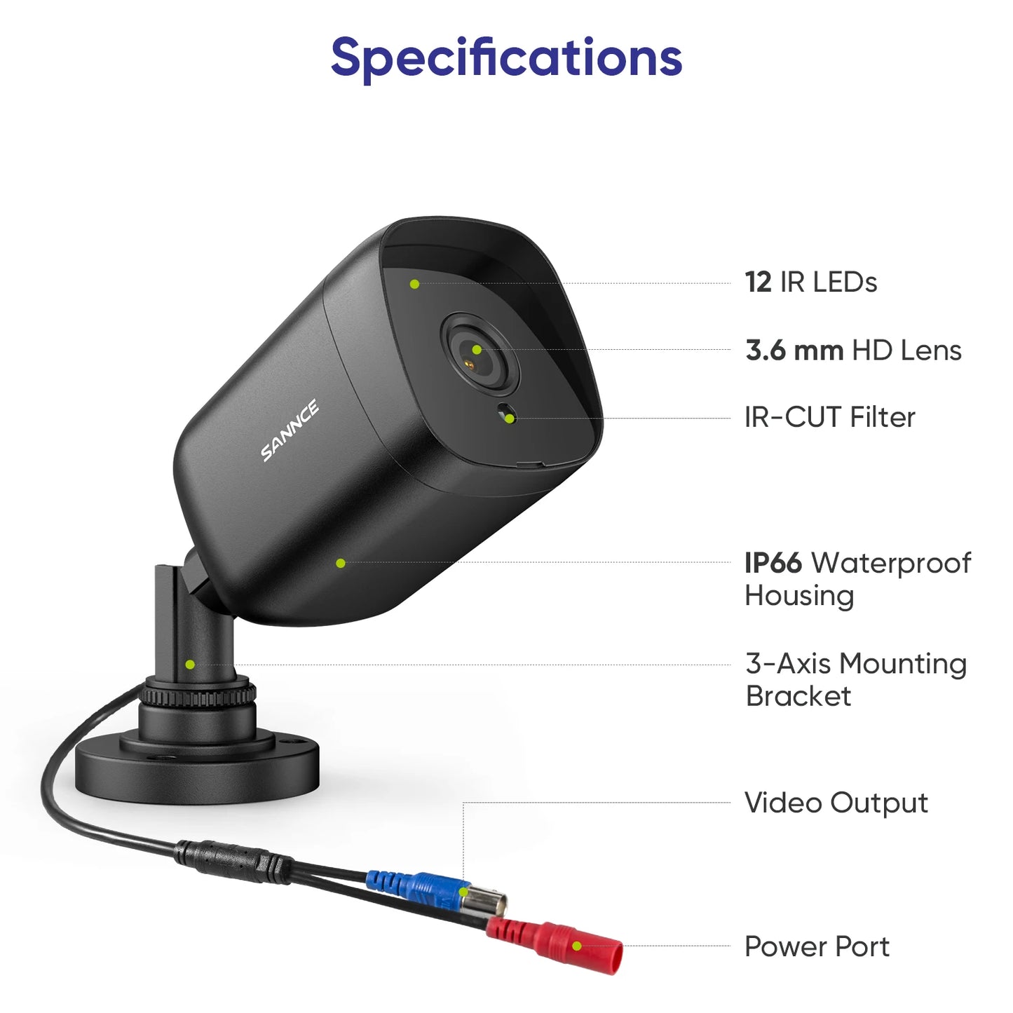 SANNCE 5MP TVI kamere | 4× IR nočni vid, 12 IR LED, 3,6 mm leča, BNC kabel