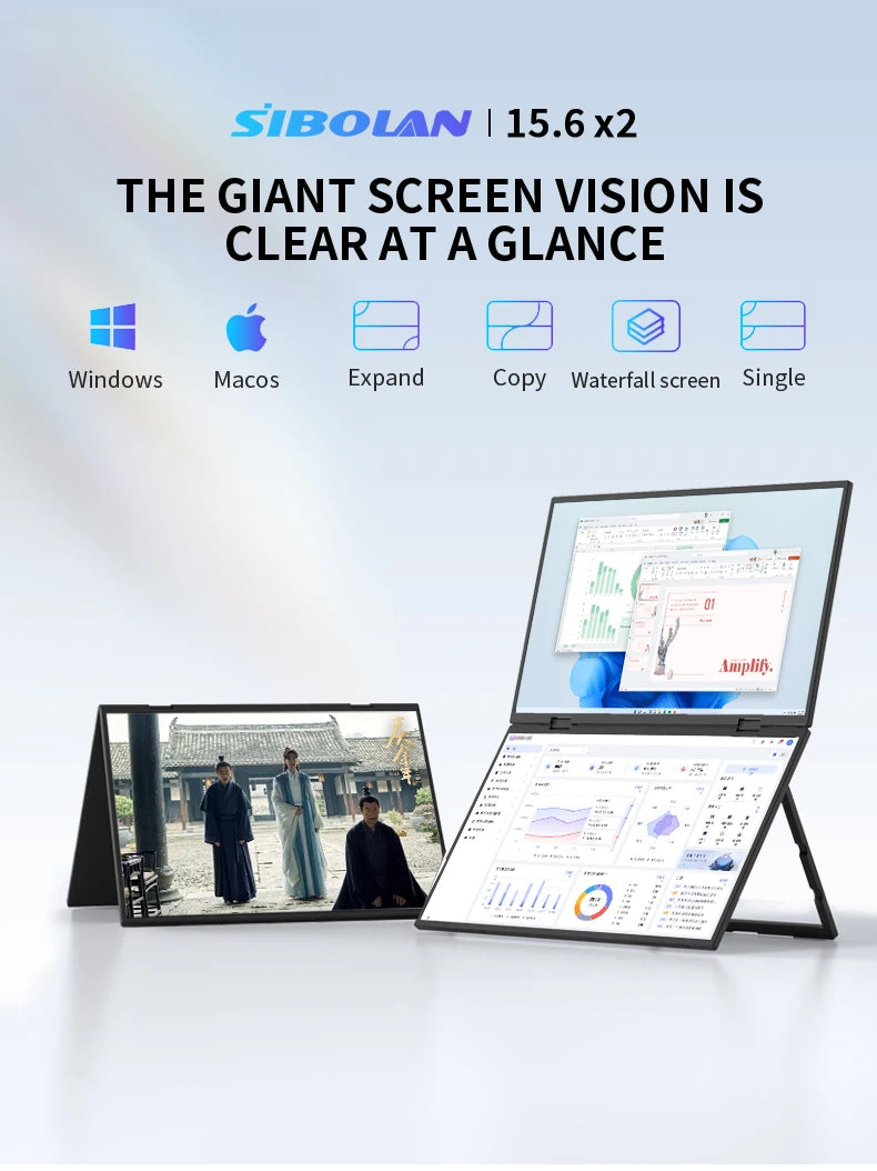 Sibolan 15.6-inch Portable Dual Screen Extender 1080p Laptop Monitor Stackable Foldable Triple Monitor (Win/Mac Compatible) - Limetastore