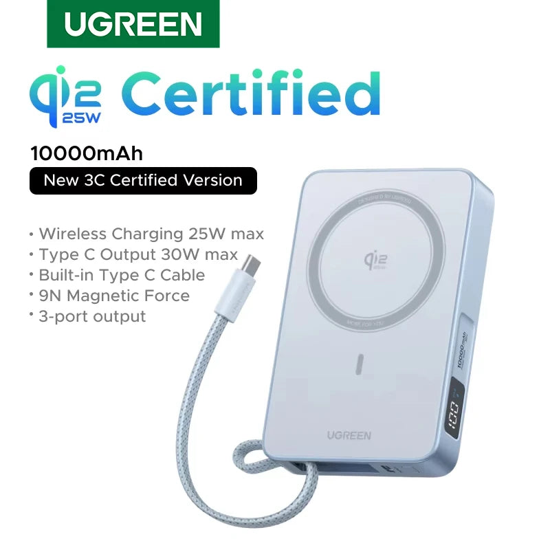 UGREEN Qi2.2 25W magnetni prenosni polnilec – 10000 mAh zunanja baterija za hitro polnjenje