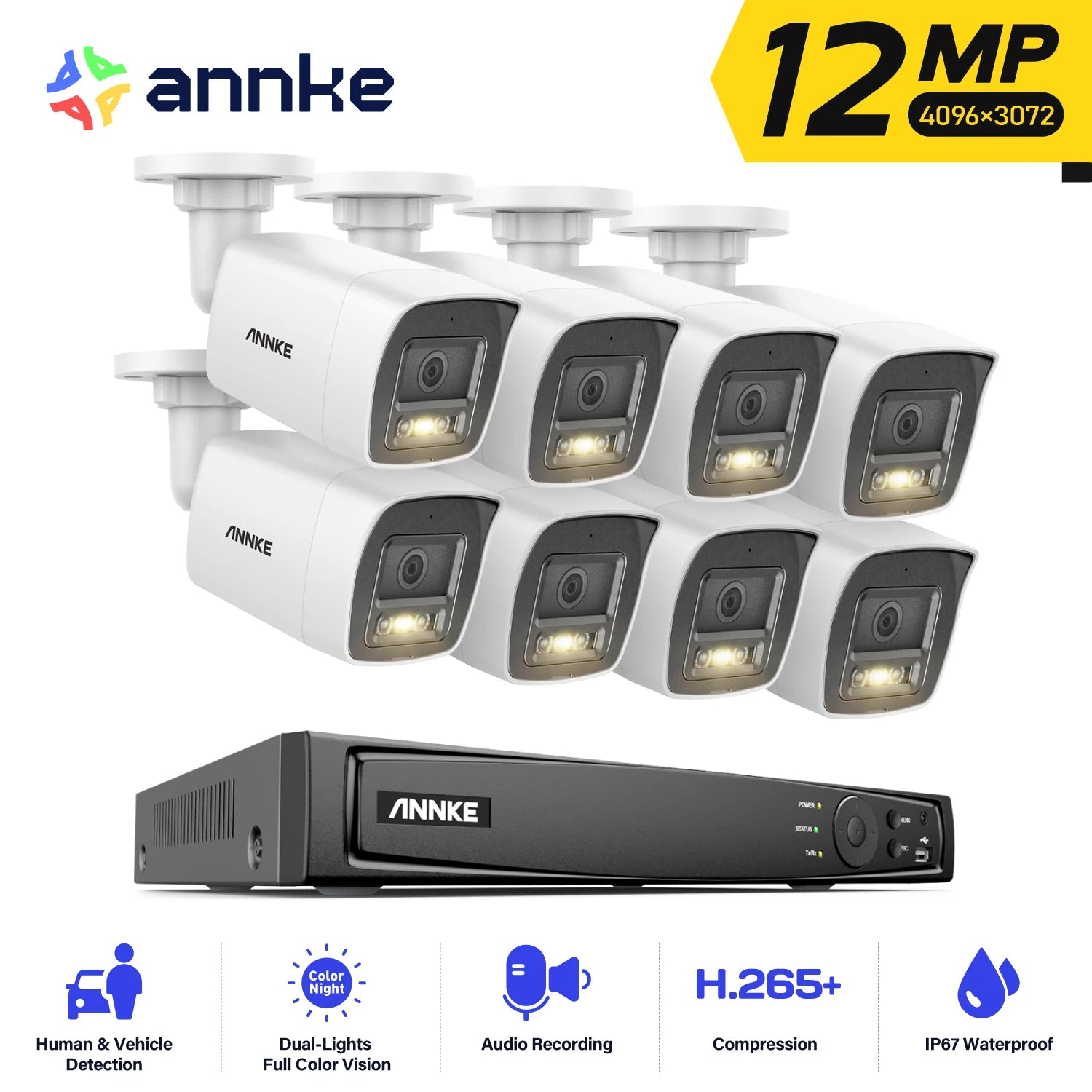 ANNKE 12MP PoE CCTV System | 8CH H.265+ NVR, 4/8× 12MP Cameras, Audio Recording