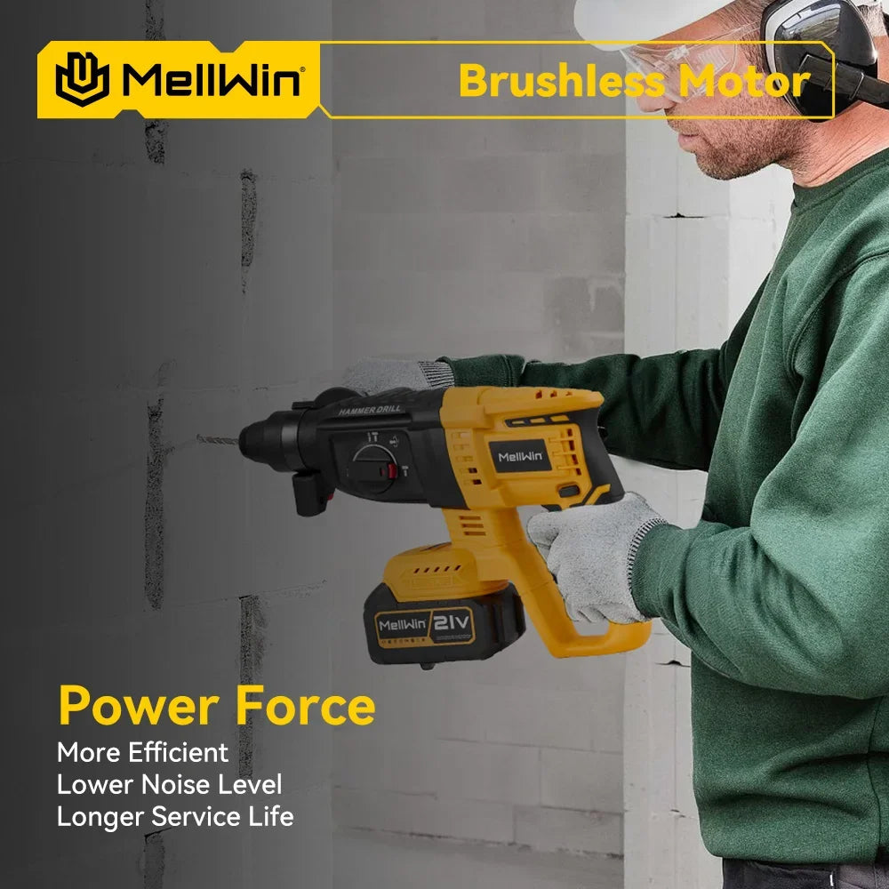 MELLWIN 26MM Brushless Electric Hammer Drill Cordless Household Rotary Impact Hammer Power Tool For Makita 18V Battery Pin - Limetastore