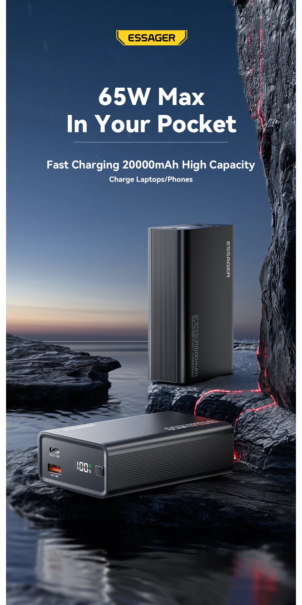 ESSAGER 20000 mAh prenosna baterija 65 W PD za iPhone 17 MacBook