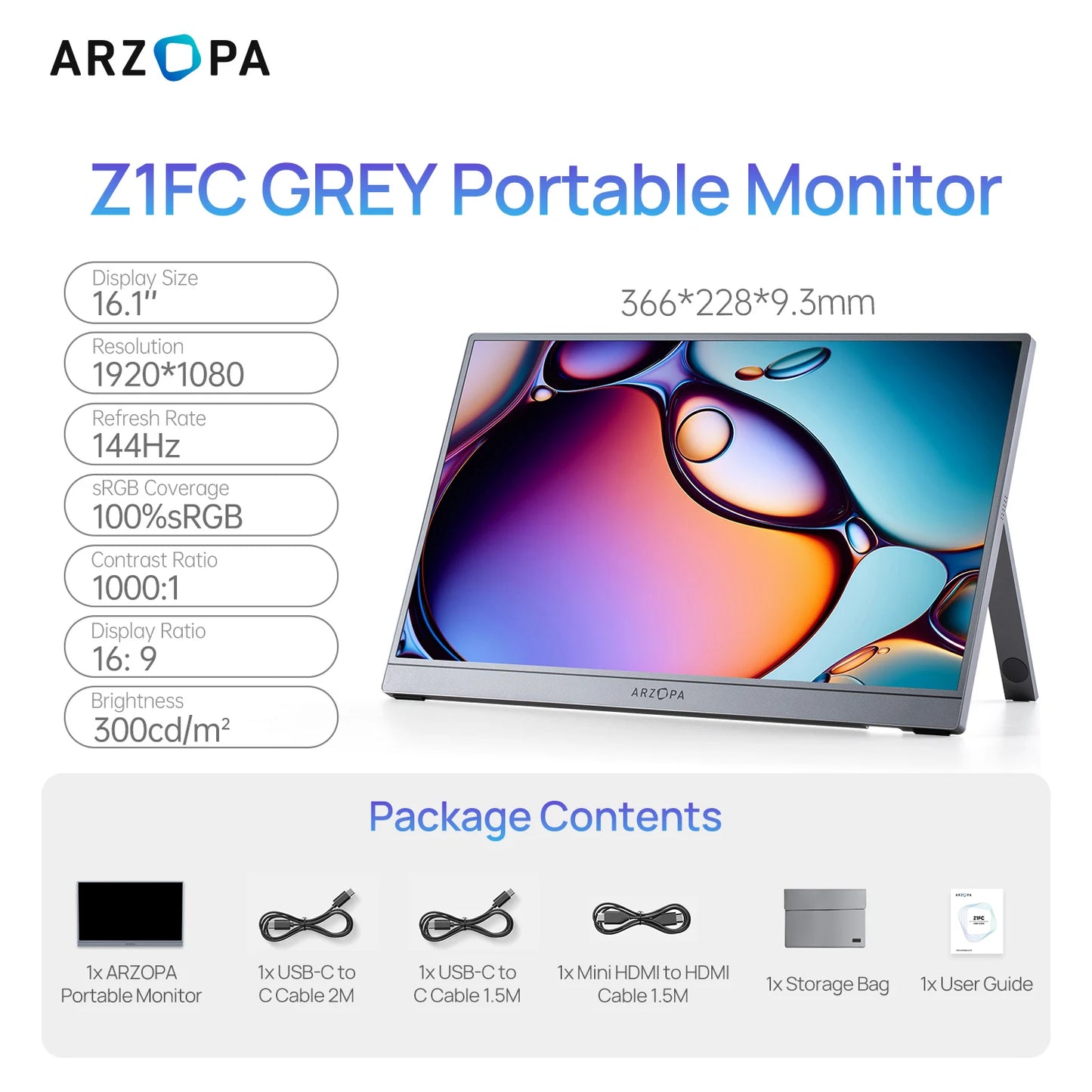 ARZOPA 16/16.1" Portable Monitor | 1K/2.5K, 60–144Hz, IPS, USB‑C & Mini HDMI