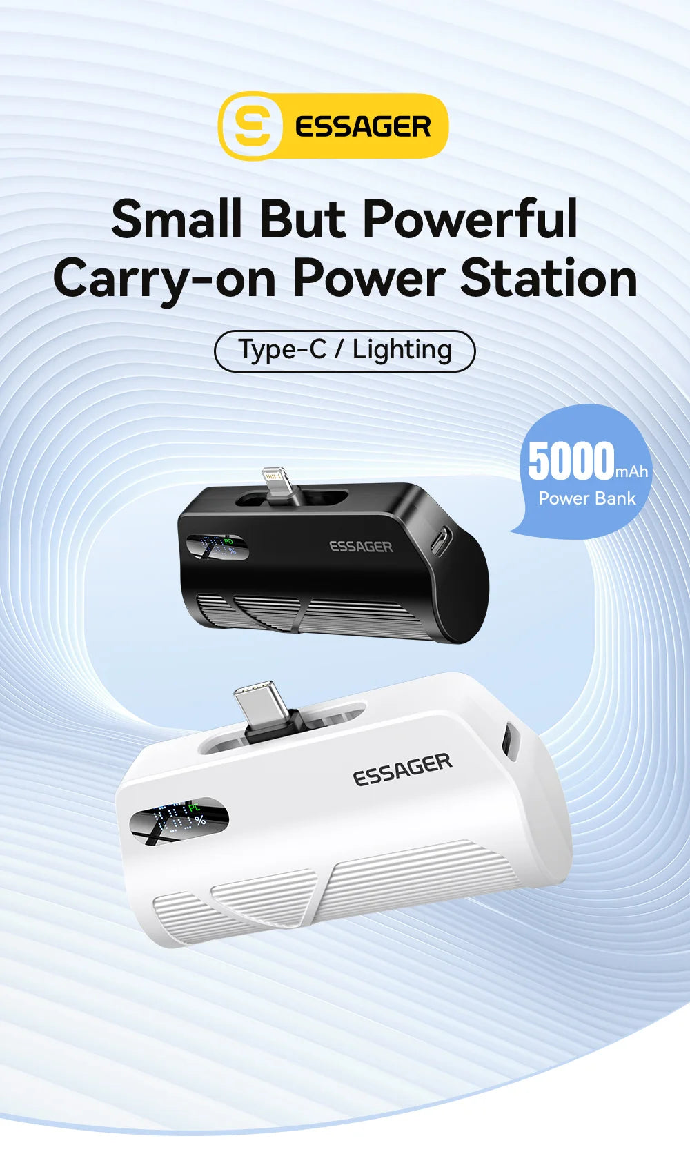ESSAGER Mini kapsula prenosna baterija 5000 mAh 20 W PD hitro polnjenje