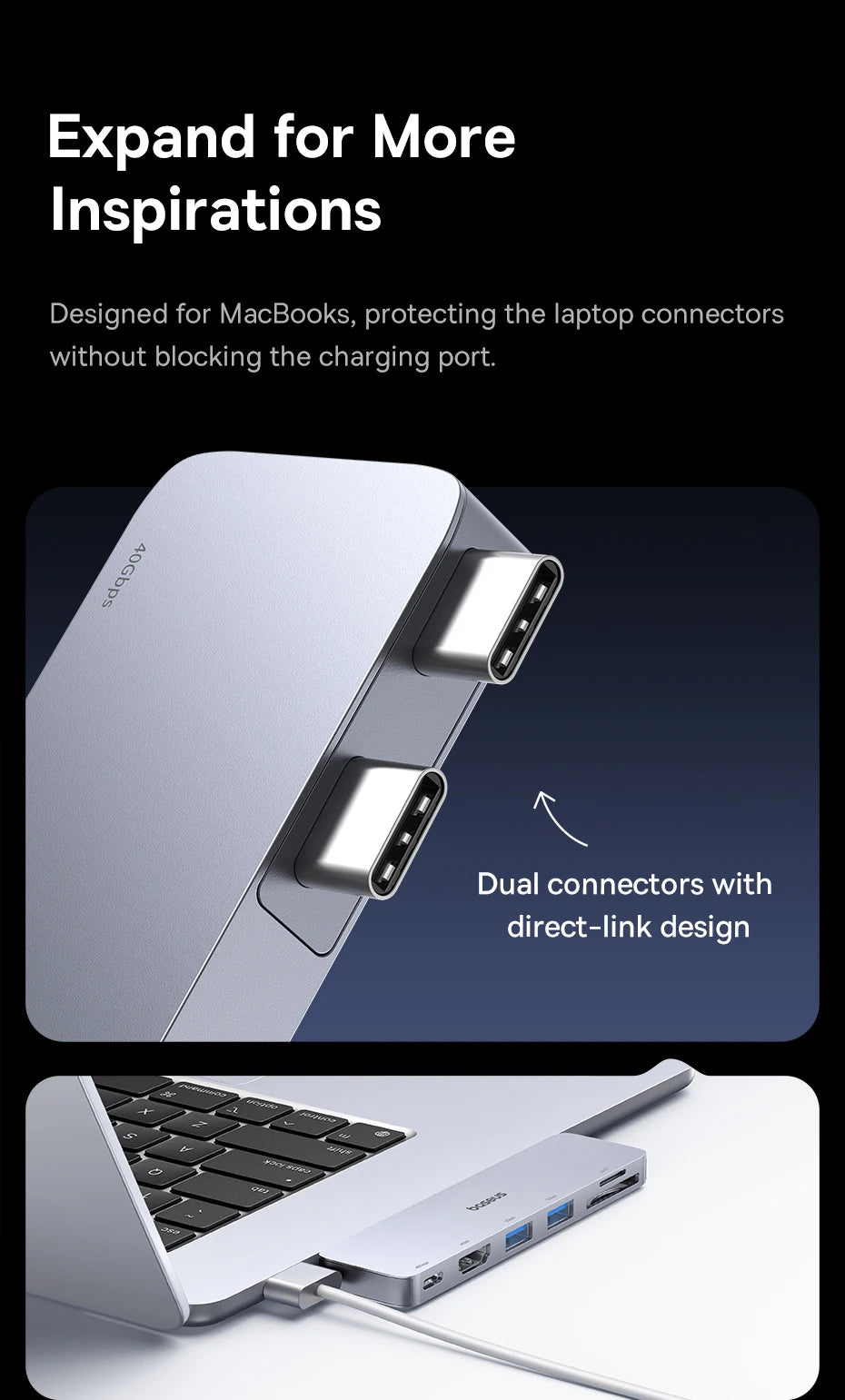Dvojno USB-C zvezdišče Baseus | HDMI 4K@30Hz, Thunderbolt 3/4 40Gbps, USB 3.0, SD/TF