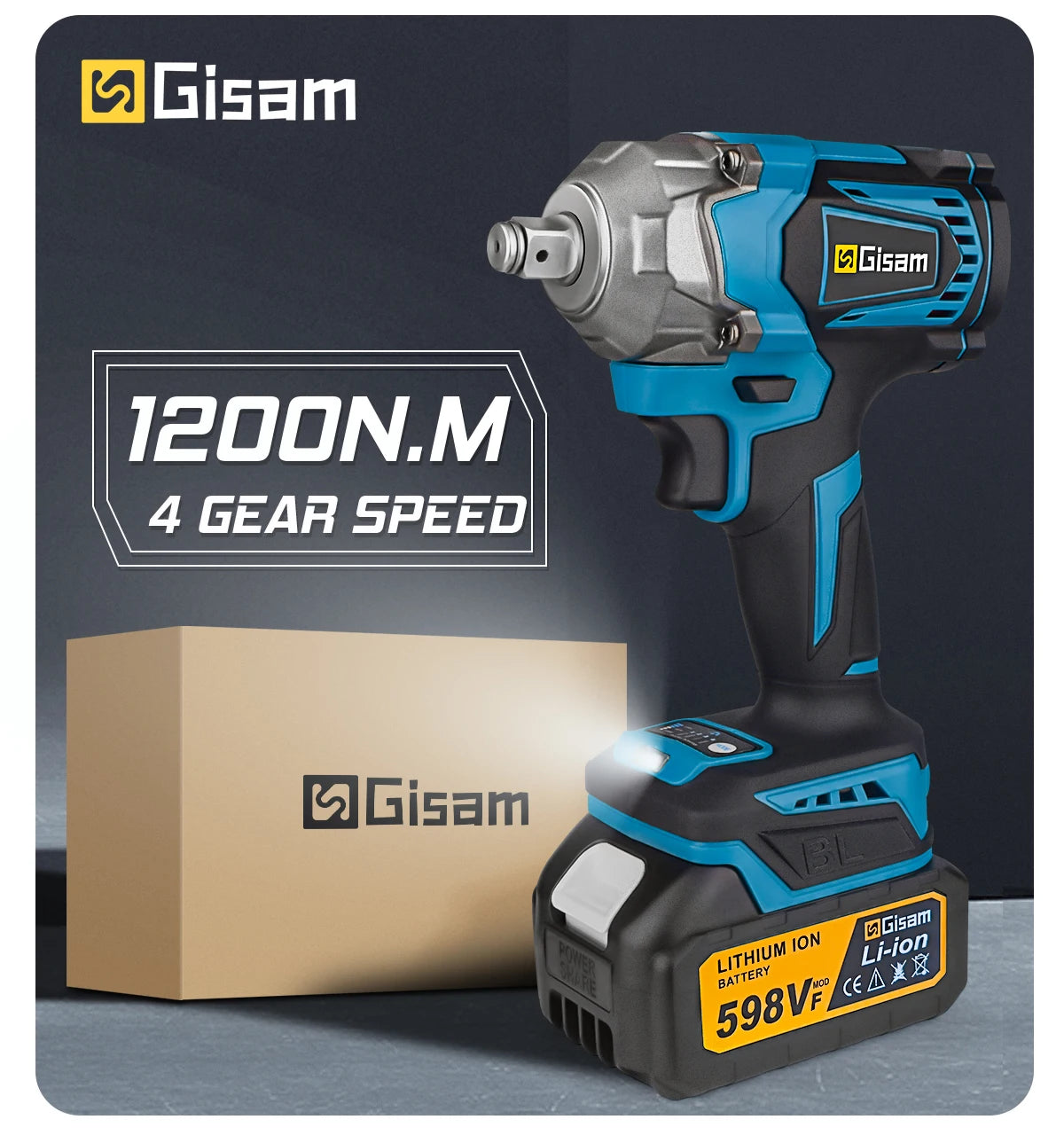 Gisam 1200N.m udarni vijačnik brez krtačk z navorom 1/2 palca, akumulatorski vijačnik