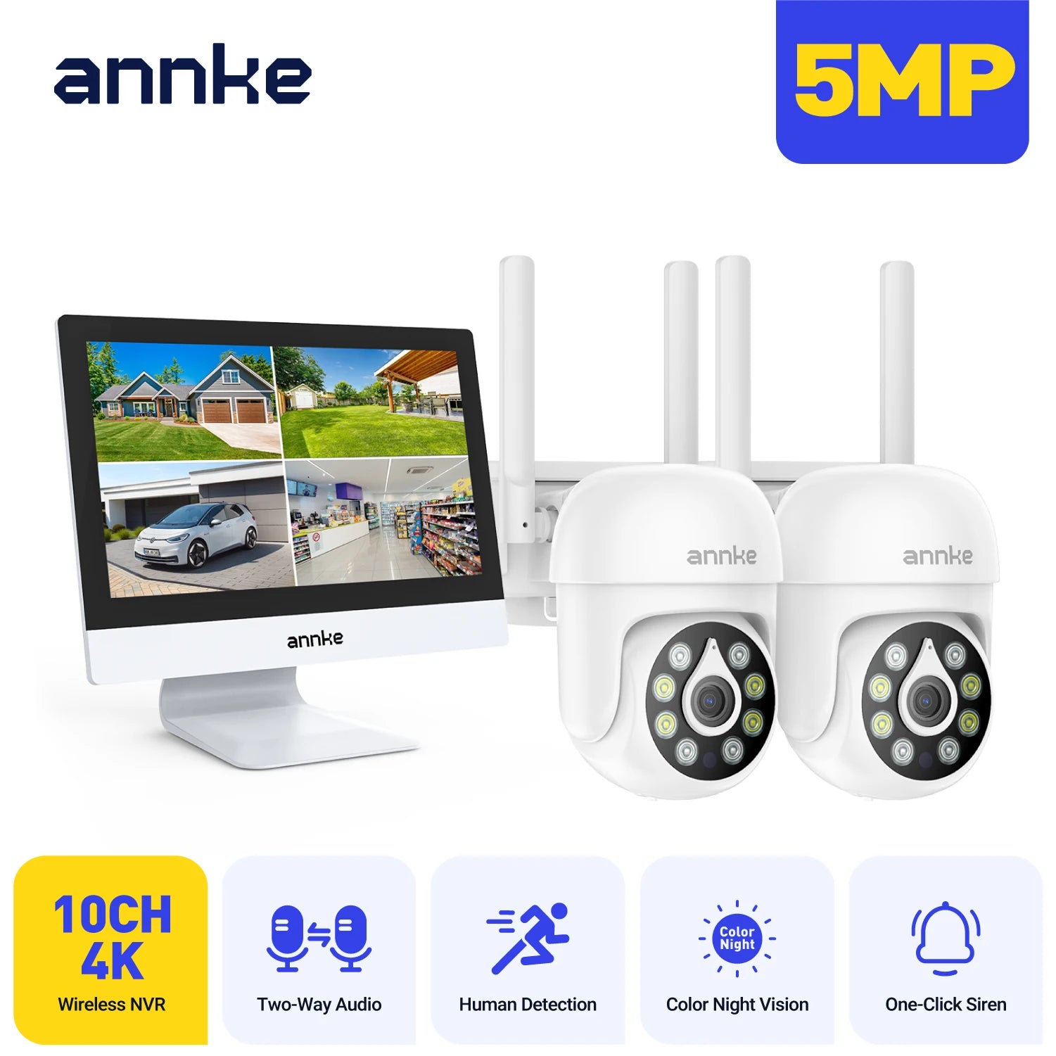 ANNKE 4MP solarni CCTV sistem | 10-kanalni NVR, 5MP PTZ WiFi kamere, PIR in barvni nočni vid