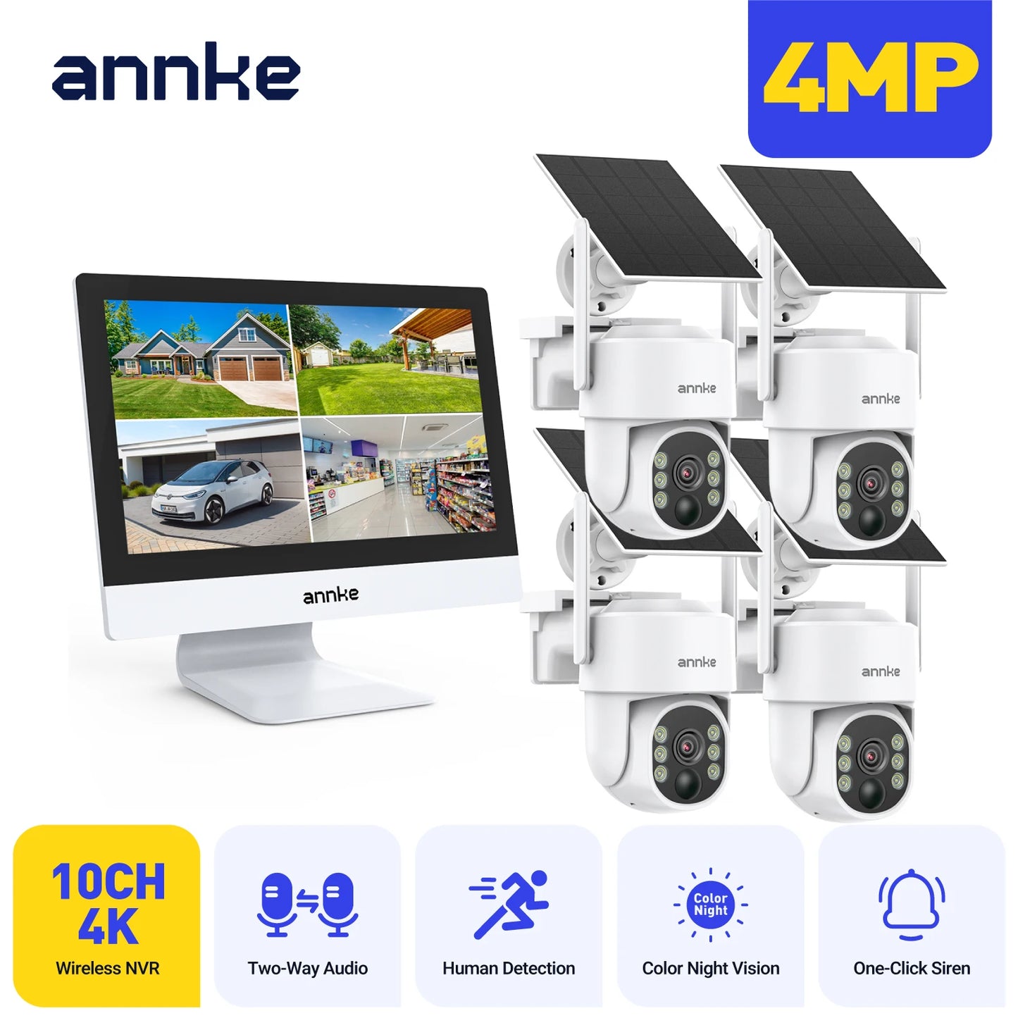 ANNKE 4MP solarni CCTV sistem | 10-kanalni NVR, 5MP PTZ WiFi kamere, PIR in barvni nočni vid