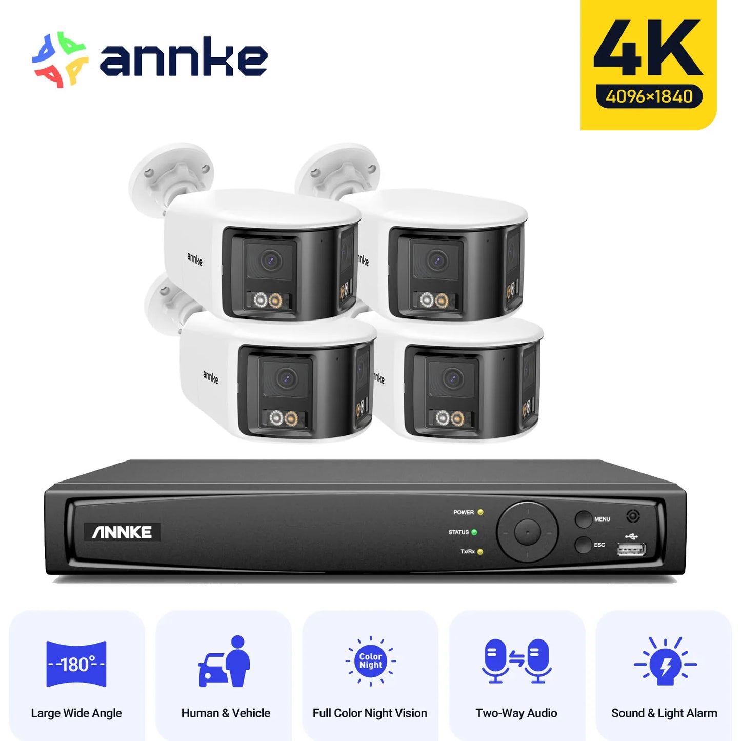 ANNKE 4K 8MP panoramski dvojni objektiv PoE sistem | 8-kanalni NVR, 180° pogled, IR nočni vid, 6MP kamere