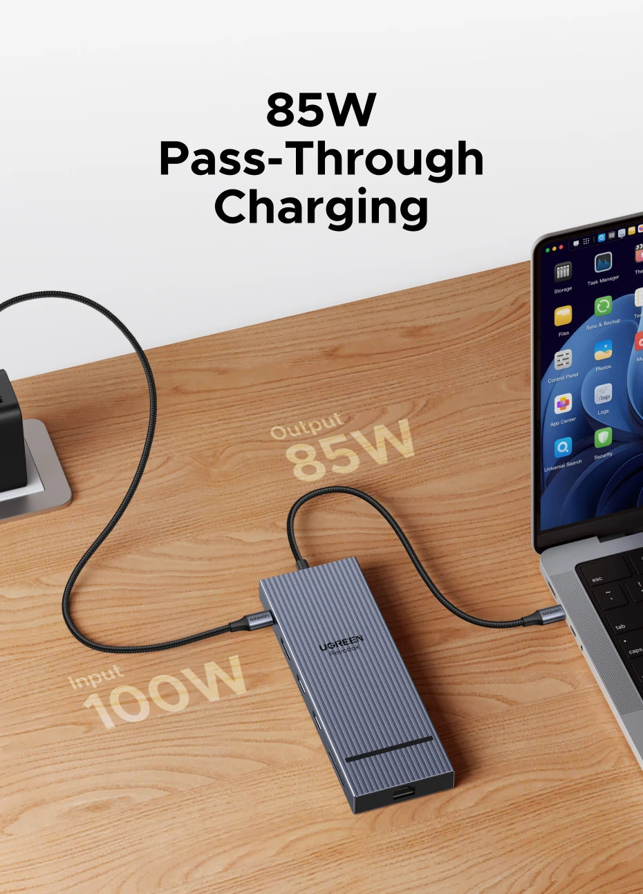 UGREEN 10‑v‑1 USB‑C zvezdišče s 4K120Hz DisplayPortom, dvojnim 4K60Hz HDMI, USB 3.2 Gen2 10Gbps